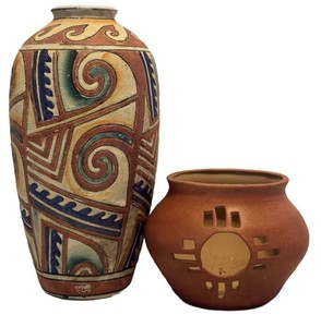 LL1 - Artisan Pottery Vase Pair - Textured Painted & Red Clay Cutout