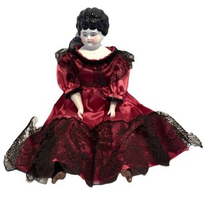 Antique German China Head Doll in Red Satin and Lace Gown