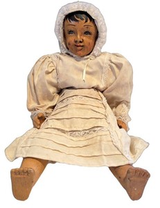 LL1 - Antique Folk Art Santos-Style Shoulder Head Doll with Carved Wooden Limbs and Cloth Body