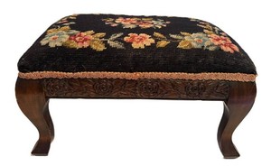 LL1 - Vintage Floral Needlepoint Footstool With Carved Wooden Base