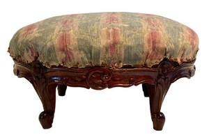 LL1 - Antique French Louis XV Style Carved Walnut Upholstered Footstool