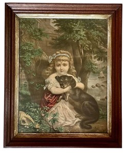LL1 - Antique The Two Pets Chromolithograph Print Framed