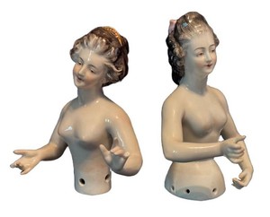 LL1 - Antique German Arms Away Half Dolls Hand-Painted Porcelain Pair