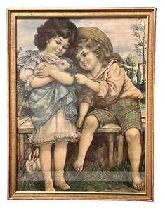 LL1 - Antique Victorian Lithograph the Pet Rabbit No. 703 Framed