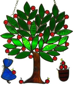 LLR - Stained Glass 3D Apple Tree Suncatcher With Blue Figure & Berries