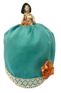 LLR - Antique Half Doll Pin Cushion With Blue Dress & Orange Flowers