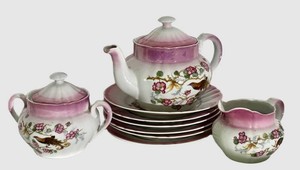 LR - Vintage German Porcelain Tea Set With Bird Floral Decor (9 Pieces)