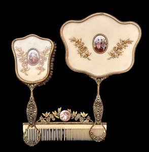 LR - Antique 3-Piece Vanity Set With Hand Mirror, Brush & Comb
