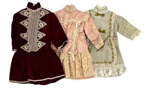 B3 - Vintage Doll Dresses Maroon Pink & Green (Lot of 3)