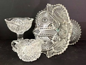 LR - Vintage Pressed Glass Pedestal Bowls & Creamer 3-Piece Mixed Lot