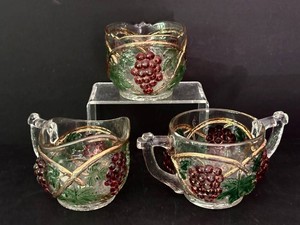 LR - Antqiue Crystal Grape Pattern Creamer Sugar Bowl & Rose Bowl Set (Lot of 3)