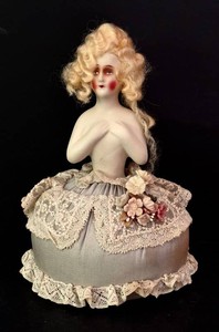 DR - Vintage Art Deco Porcelain Half Doll Pincushion Blonde Hair