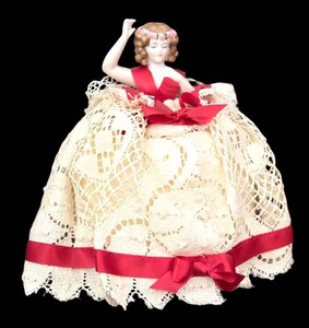 LR - Antique Porcelain Half Doll Pin Cushion Lace Gown Red Ribbon