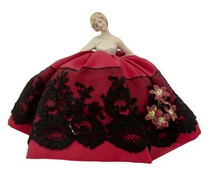 LR - Antique German Doll Pin Cushion Red & Black Dress