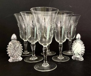 DR - Vintage Etched Crystal Wine Glass & Salt and Pepper Shakers Mixed Lot