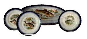 LR - Vintage Sterling China Flow Blue Fish Platter & Plates (Lot of 4)