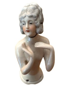 DR - Antique Porcelain Half Doll German Arms Away 14989