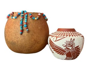 KP - Southwestern Pottery Mixed Lot Signed A & V Lucario Vase & J. Bearpaw Gourd