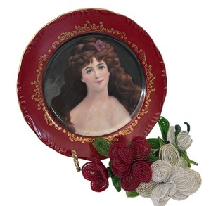 LLW - Vintage Porcelain Portrait Plate 8in With Beaded Flowers