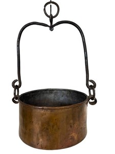 LLW - Antique Copper Cauldron Wrought Iron Bail Handle Hearth Pot