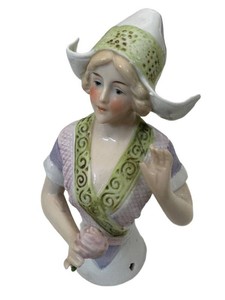 LLW - Antique Porcelain Half Doll Lady With Dutch Cap and Flower 14462