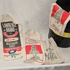 Lot of 8 empty Leadshot Bags and IMR 20lb Drum