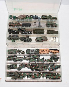 Military Toy Vehicle Lot  Assorted Plastic Vehicles with 2 Storage Containers