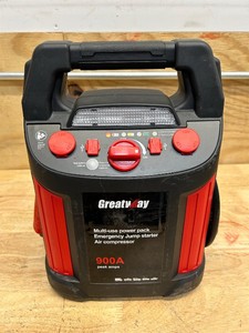 GreatWay Jump Starter with Air Compressor and LED Light, 12 Volts, 900 Peak Amps, Model# GM038C (powers on, untested) MSRP $130