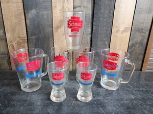 2 Vintage Schmidt Pitchers and 5 Glasses