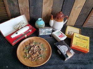 Vintage lot of misc items Universal electric Knife with box, Flash Cards, Crystal Clock and more
