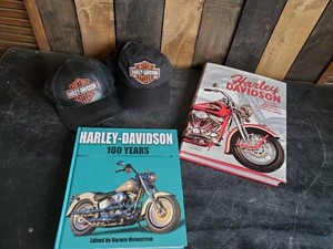 Harley Davidson Lot 2 Hats one Leather, 2 Coffee Table Books