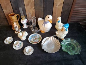 Lot of Vintage Kitchen Items, Goose Cookiejar, Small lanterns, small teacups and saucers and more