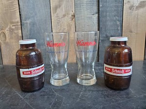 Vintage Beer Lot Schmidt Salt and Pepper and Hamms Glasses