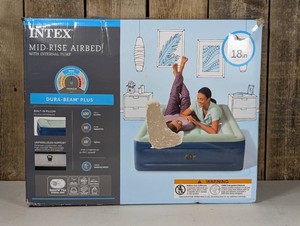 Intex Elevated 18 Pillow Rest Queen Air Mattress with Internal Pump - Off-WhiteBlue