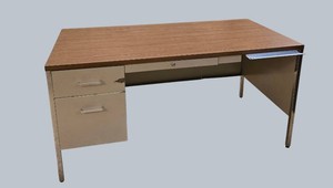 Lot of 2 Vintage Executive Office Desks  Woodgrain Laminate  Built-In Drawer Storage