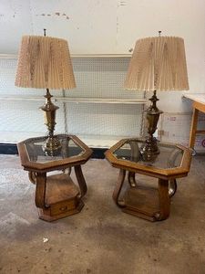 Lot of Vintage Solid Wood End Tables, With Beveled Glass Top & 2 Vintage Brass Lamps