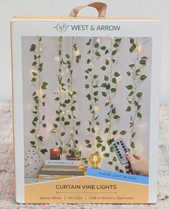 5 x 3.5 LED Vine Curtain String Lights Warm White - West & Arrow Indoor PVC Ivy Fairy Lights, Battery Operated