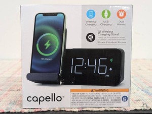 Power Stand Alarm Table Clock Black - Capello Wireless Charger, USB Port, Modern Design, for Bedroom