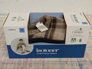 Isotoner Mens Memory Foam eco Comfort Slippers Large 9.5-10.5 Brown Plaid
