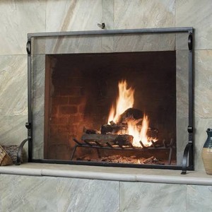 Black Wrought Iron 44 in. W Single-Panel Sparkguard Fireplace Screen with Carry Handles and Heavy Guage Mesh