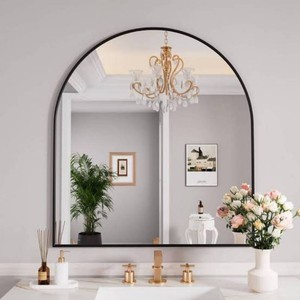 32 in. W x 34 in. H Arched Black Modern Aluminum Alloy Framed Wall Mirror