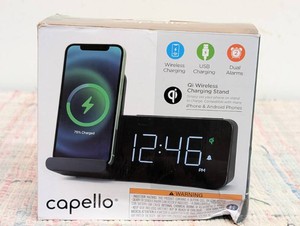 Power Stand Alarm Table Clock Black - Capello Wireless Charger, USB Port, Modern Design, for Bedroom