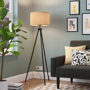 Room Essentials Tripod Floor Lamp with Oval Paper Shade, Black Metal Body, Adjustable Height