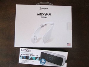 Bladeless neck fan and portable speaker