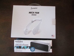 Bladeless neck fan and portable speaker