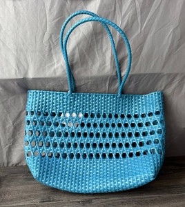 Turquoise Woven Tote Bag with Braided Handles - New