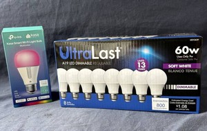 UltraLast A19 LED Dimmable Lightbulbs 8-Pack and Kasa Smart Wi-Fi Multicolor Bulb