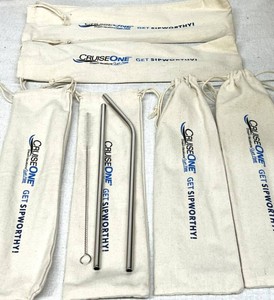 6-CT LOT NEW STAINLESS STEEL REUSABLE STRAW SETS, CRUISEONE GET SIPWORTHY BRANDED TRAVEL KITS W CLEANING BRUSHES & CANVAS POUCHES
