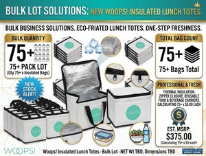 MSRP $375 LOT OF 75 NEW WOOPS INSULATED LUNCH TOTE BAGS, THERMAL COOLER BAGS W ZIPPER CLOSURE, REUSABLE FOOD & BEVERAGE CARRIERS, BULK LOT