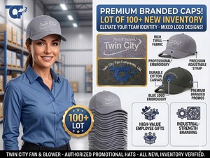 LOT OF 100 NEW TWIN CITY FAN & BLOWER EMBROIDERED BASEBALL CAPS, MIXED LOGO DESIGNS, ADJUSTABLE PROMOTIONAL HATS, BULK INVENTORY LOT